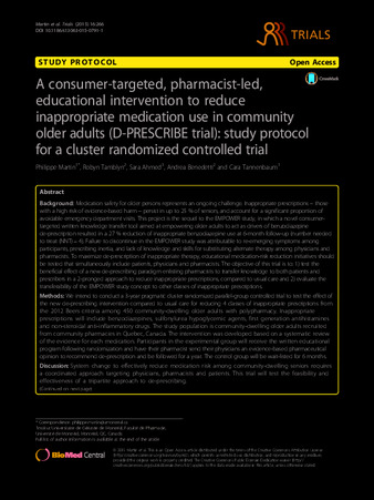 A consumer-targeted, pharmacist-led, educational intervention to reduce inappropriate medication use in community older adults (D-PRESCRIBE trial): study protocol for a cluster randomized controlled trial thumbnail