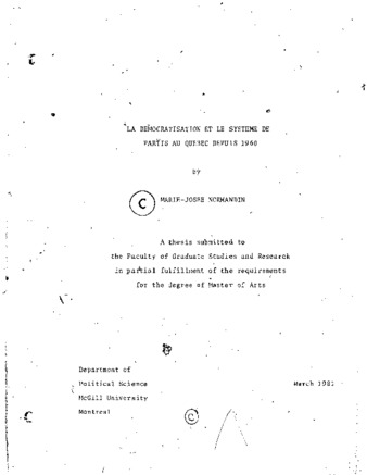 La démocratisation et le système de partis au Québec depuis 1960 / thumbnail