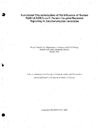 Functional characterization of the influence of human RGS1 (hRGS1) on G protein-coupled receptor signaling in Saccharomyces cerevisiae thumbnail