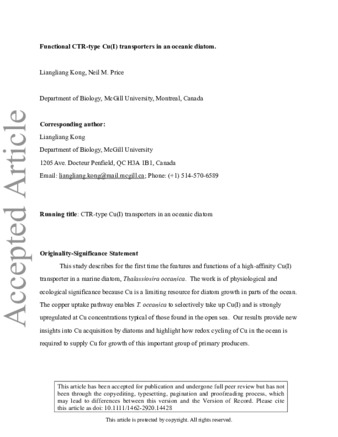 Functional CTR-type Cu(I) transporters in an oceanic diatom thumbnail