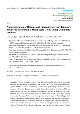 An Investigation of Organic and Inorganic Mercury Exposure and Blood Pressure in a Small-Scale Gold Mining Community in Ghana thumbnail
