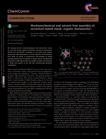 Mechanochemical and solvent-free assembly of zirconium-based metal–organic frameworks thumbnail