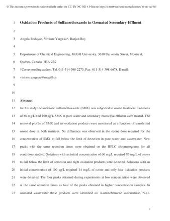 Oxidation products of sulfamethoxazole in ozonated secondary effluent thumbnail