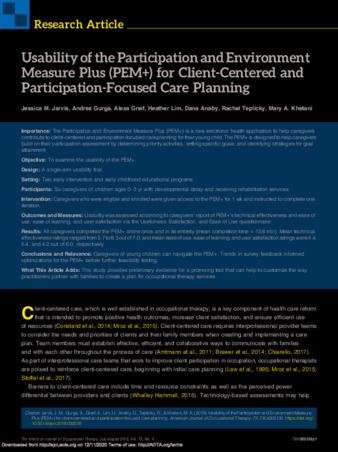 Usability of the Participation and Environment Measure Plus (PEM+) for Client-Centered and Participation-Focused Care Planning thumbnail