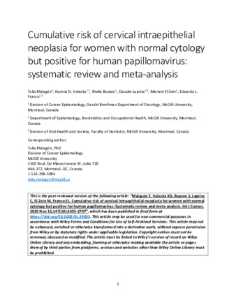 Cumulative risk of cervical intraepithelial neoplasia for women with normal cytology but positive for human papillomavirus: Systematic review and meta-analysis thumbnail