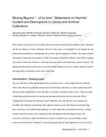 Moving Beyond “...of its time”: Statements on Harmful Content and Descriptions in Library and Archival Collections thumbnail