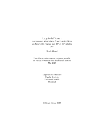 Le goût de l’Autre: La rencontre alimentaire franco-autochtone en Nouvelle-France au 16e et 17e siècle. thumbnail
