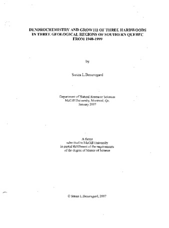 Dendrochemistry and growth of three hardwoods in three geological regions of southern Quebec from 1940-1999 thumbnail