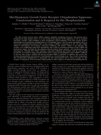 Met/Hepatocyte Growth Factor Receptor Ubiquitination Suppresses Transformation and Is Required for Hrs Phosphorylation thumbnail