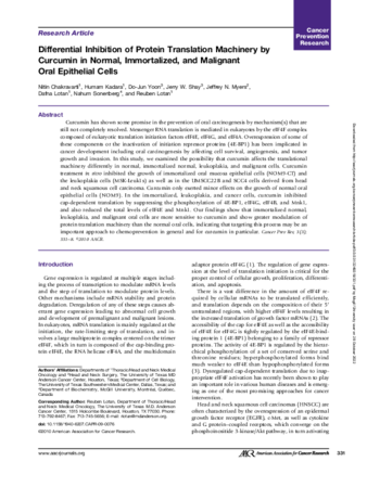 Differential Inhibition of Protein Translation Machinery by Curcumin in Normal, Immortalized, and Malignant Oral Epithelial Cells thumbnail