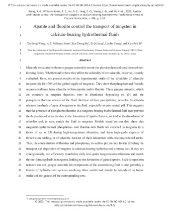 Apatite and fluorite control the transport of tungsten in calcium-bearing hydrothermal fluids thumbnail