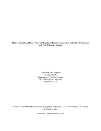 Higher Education, Higher Stakes: Education’s Role in Shaping Redistribution Preferences and Vote Choice in Canada thumbnail