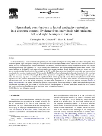 Hemispheric contributions to lexical ambiguity resolution in a discourse context: Evidence from individuals with unilateral left and right hemisphere lesions thumbnail