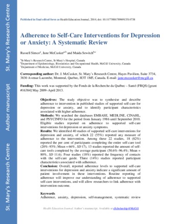 Adherence to self-care interventions for depression or anxiety: A systematic review thumbnail