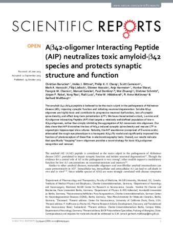 Aβ42-oligomer Interacting Peptide (AIP) neutralizes toxic amyloid-β42 species and protects synaptic structure and function thumbnail