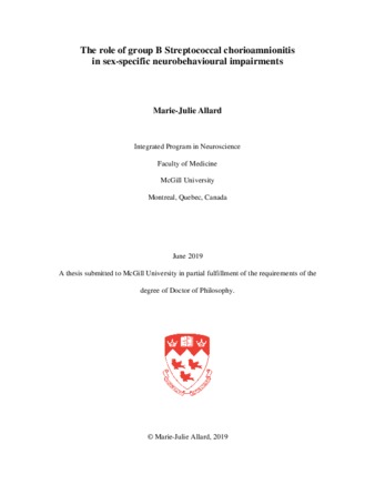 The role of group B Streptococcal chorioamnionitis in sex-specific neurobehavioural impairments thumbnail