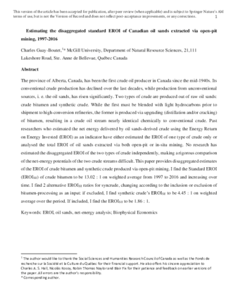 Estimating the Disaggregated Standard EROI of Canadian Oil Sands Extracted via Open-pit Mining, 1997–2016 thumbnail