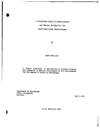 A controlled study of effectiveness and patient suitability for short-term group psychotherapy / thumbnail