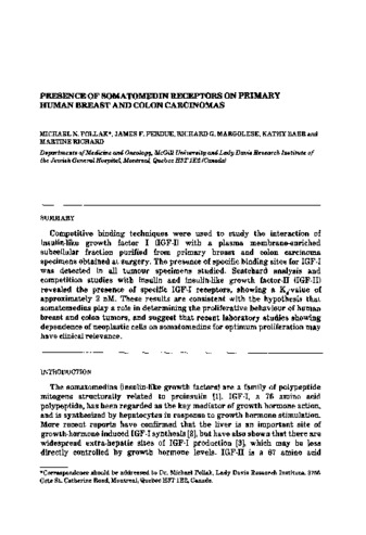 Presence of somatomedin receptors on primary human breast and colon carcinomas thumbnail