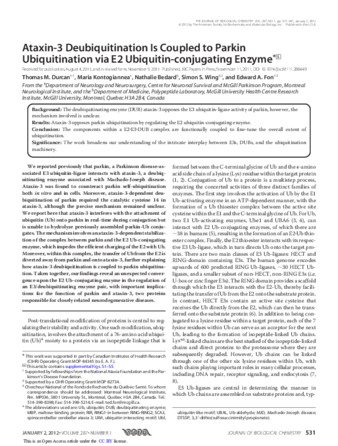 Ataxin-3 Deubiquitination Is Coupled to Parkin Ubiquitination via E2 Ubiquitin-conjugating Enzyme thumbnail