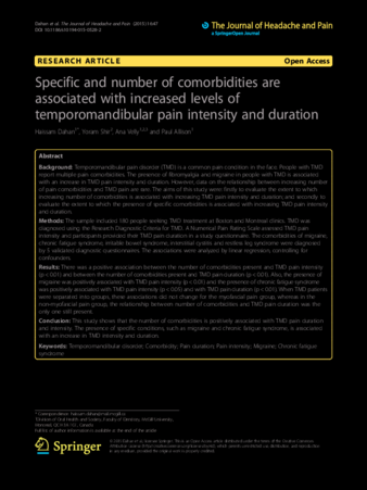 Specific and number of comorbidities are associated with increased levels of temporomandibular pain intensity and duration thumbnail