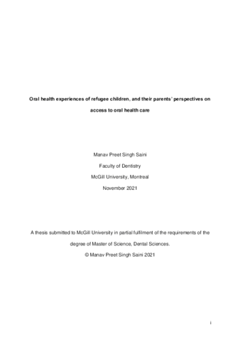 Oral health experiences of refugee children, and their parents' perspectives on access to oral health care thumbnail