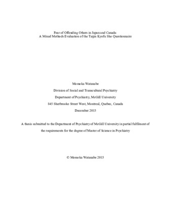 Fear of offending others in Japan and Canada: A mixed methods evaluation of the Taijin Kyofu Sho questionnaire thumbnail