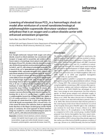 Lowering of elevated tissue PCO2 in a hemorrhagic shock rat model after reinfusion of a novel nanobiotechnological polyhemoglobin-superoxide dismutase-catalase-carbonic anhydrase that is an oxygen and carbon dioxide carrier with enhanced antioxidant properties thumbnail