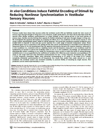 In vivo conditions induce faithful encoding of stimuli by reducing nonlinear synchronization in vestibular sensory neurons thumbnail