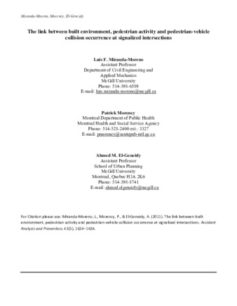 The link between built environment, pedestrian activity and pedestrian–vehicle collision occurrence at signalized intersections thumbnail