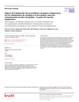 The Impact of Hiring Temporary Foreign Workers on Occupational and Residential Cohabitation in Rural Communities in Quebec: The Point of View of Employers/Impact de l’embauche des travailleurs étrangers temporaires sur la cohabitation de résidence et des métiers dans les communautés rurales du Québec : le point de vue des employeurs thumbnail