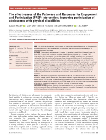 The effectiveness of the Pathways and Resources for Engagement and Participation (PREP) intervention: improving participation of adolescents with physical disabilities thumbnail