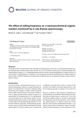 The effect of milling frequency on a mechanochemical organic reaction monitored by in situ Raman spectroscopy thumbnail
