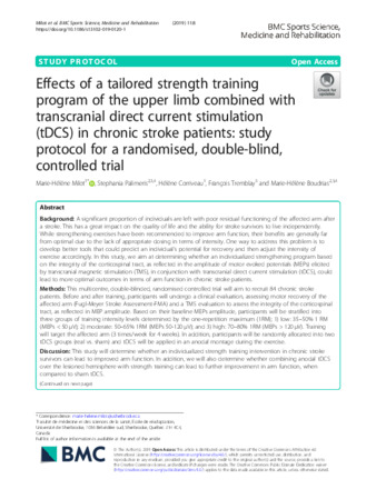 Effects of a tailored strength training program of the upper limb combined with transcranial direct current stimulation (tDCS) in chronic stroke patients: study protocol for a randomised, double-blind, controlled trial thumbnail