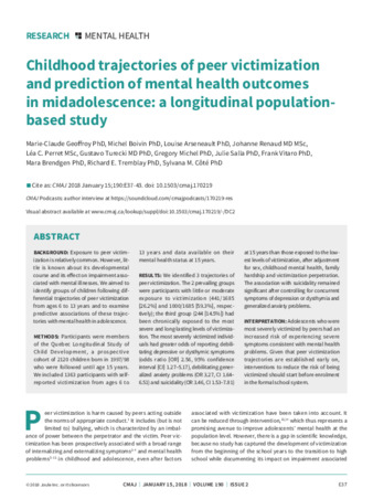 Childhood trajectories of peer victimization and prediction of mental health outcomes in midadolescence: a longitudinal population- based study thumbnail