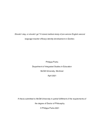 Should I stay, or should I go? A mixed method study of pre-service English second language teacher efficacy-identity development in Quebec thumbnail