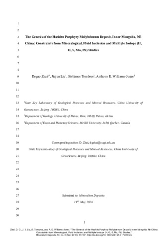 The genesis of the Hashitu porphyry molybdenum deposit, Inner Mongolia, NE China: constraints from mineralogical, fluid inclusion, and multiple isotope (H, O, S, Mo, Pb) studies. thumbnail