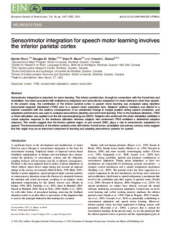 Sensorimotor integration for speech motor learning involves the inferior parietal cortex. thumbnail