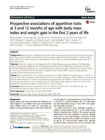 Prospective associations of appetitive traits at 3 and 12 months of age with body mass index and weight gain in the first 2 years of life thumbnail