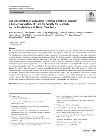 The Classification of Autosomal Recessive Cerebellar Ataxias: a Consensus Statement from the Society for Research on the Cerebellum and Ataxias Task Force thumbnail