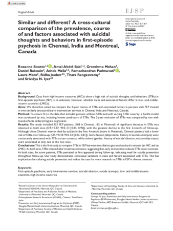 Similar and different? A cross-cultural comparison of the prevalence, course of and factors associated with suicidal thoughts and behaviors in first-episode psychosis in Chennai, India and Montreal, Canada thumbnail