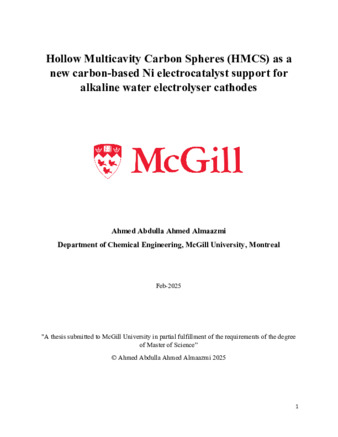 Hollow Multicavity Carbon Spheres (HMCS) as a new carbon-based Ni electrocatalyst support for alkaline water electrolyser cathodes thumbnail