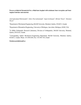 Porous architected biomaterial for a tibial-knee implant with minimum bone resorption and bone-implant interface micromotion thumbnail