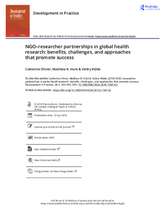 NGO–researcher partnerships in global health research: benefits, challenges, and approaches that promote success thumbnail