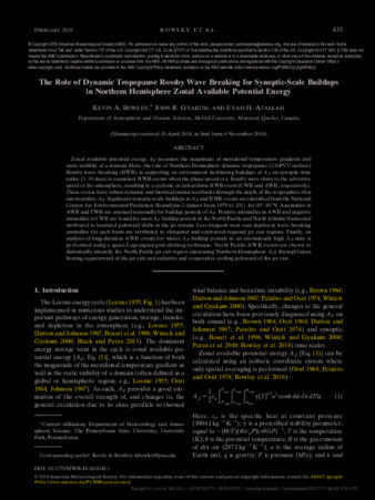 The Role of Dynamic Tropopause Rossby Wave Breaking for Synoptic-Scale Buildups in Northern Hemisphere Zonal Available Potential Energy thumbnail