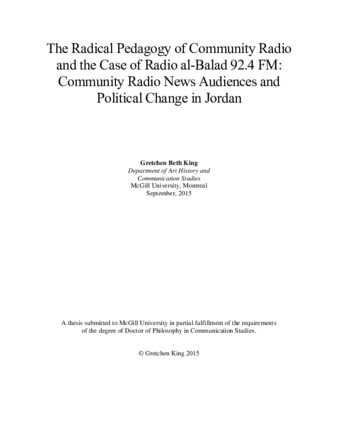 The radical pedagogy of community radio and the case of radio al-balad 92.4 fm: Community radio news audiences and political change in Jordan thumbnail