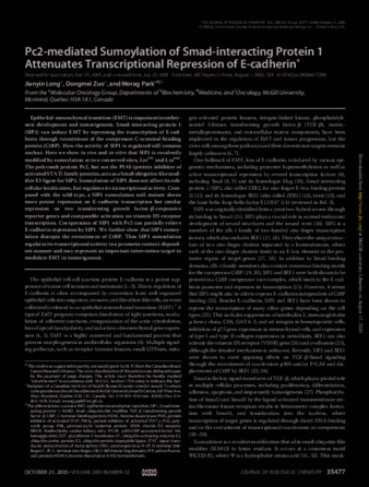 Pc2-mediated Sumoylation of Smad-interacting Protein 1 Attenuates Transcriptional Repression of E-cadherin thumbnail