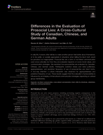 Differences in the Evaluation of Prosocial Lies: A Cross-Cultural Study of Canadian, Chinese, and German Adults thumbnail