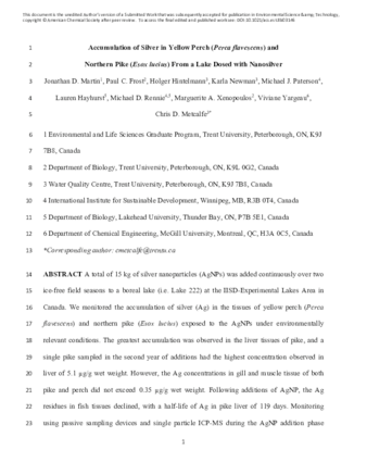 Accumulation of Silver in Yellow Perch (Perca flavescens) and Northern Pike (Esox lucius) From a Lake Dosed with Nanosilver thumbnail