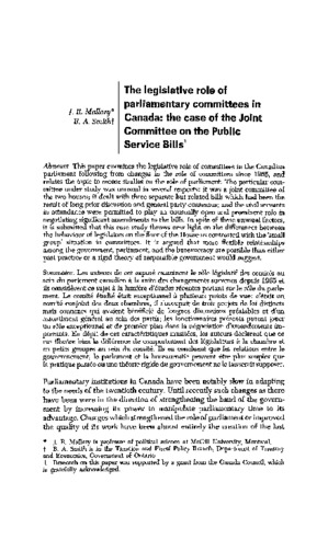 The legislative role of parliamentary committees in Canada: the case of the Joint Committee on the Public Service Bills thumbnail